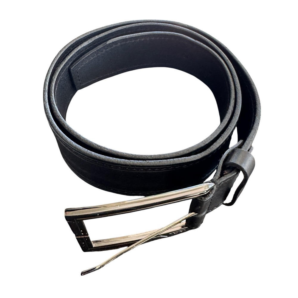 Tumi Mens Black Leather Belt Made in France Silver Tone Buckle Size 85 34